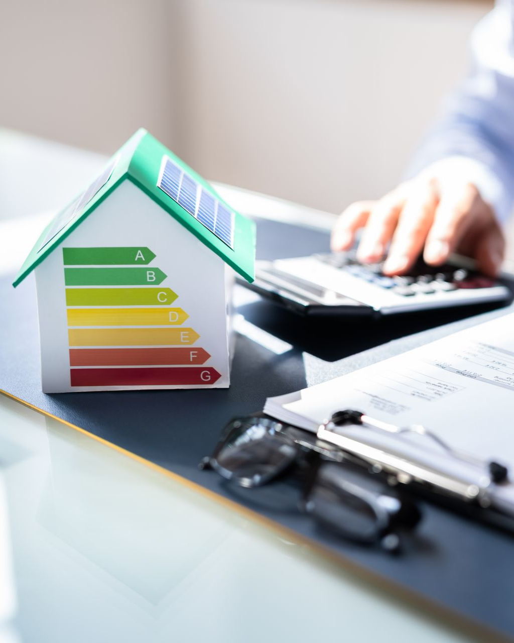 Maison miniature avec étiquette énergétique, calculatrice et personne en train de calculer.