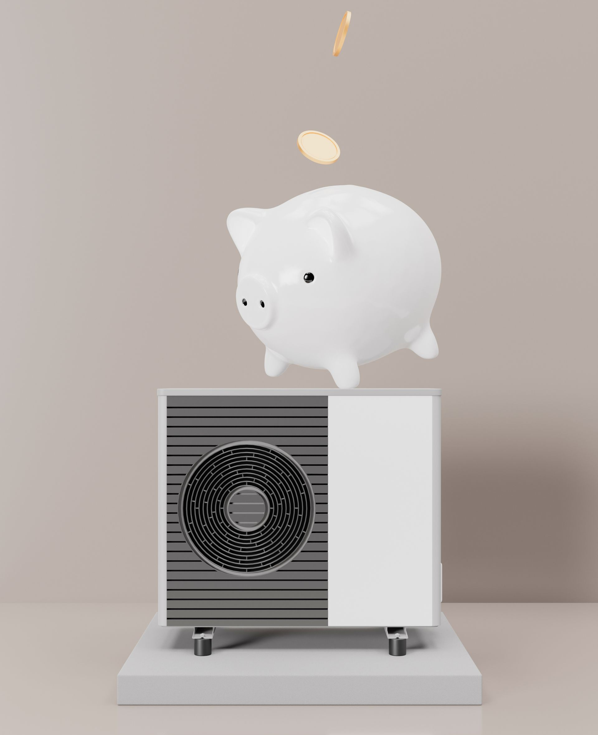 Une tirelire posée sur une pompe à chaleur ; des pièces tombent dedans, symbolisant les économies d'énergie.