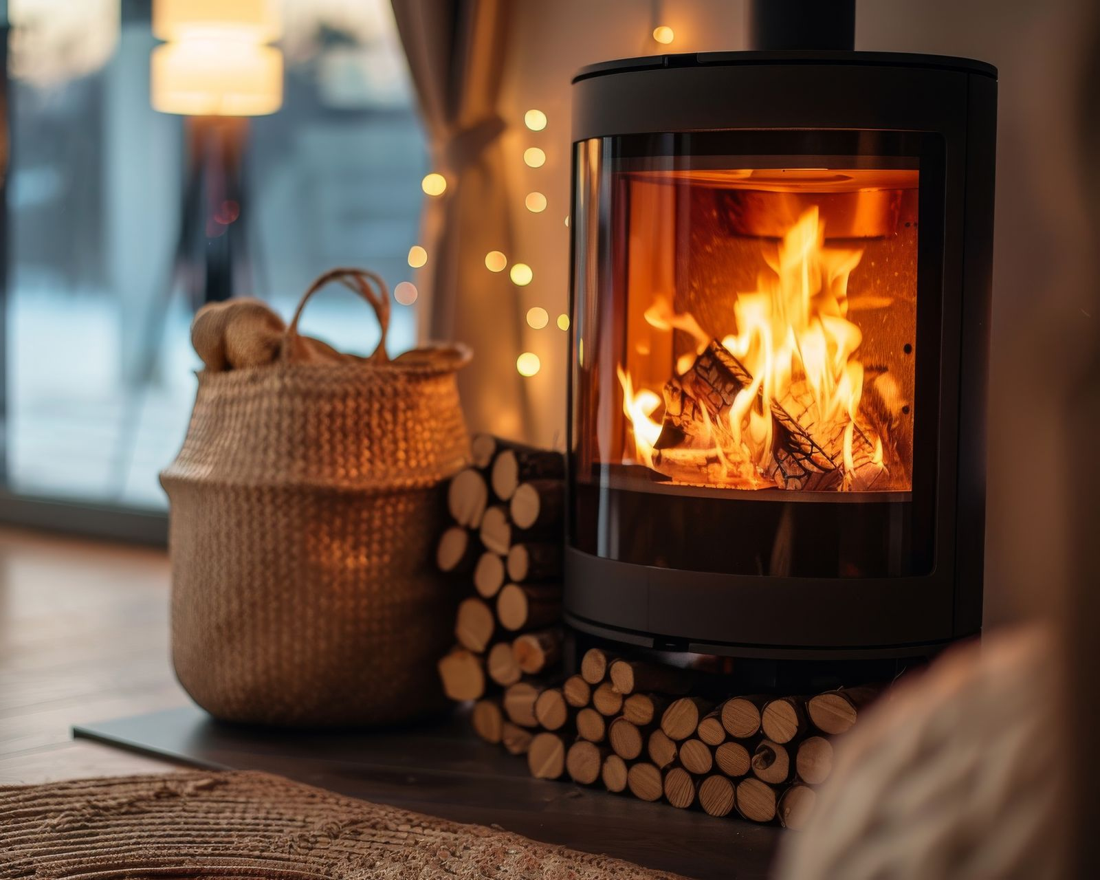 Cheminée avec des bûches qui brûlent, à côté d'un panier tressé et de bois de chauffage empilé.