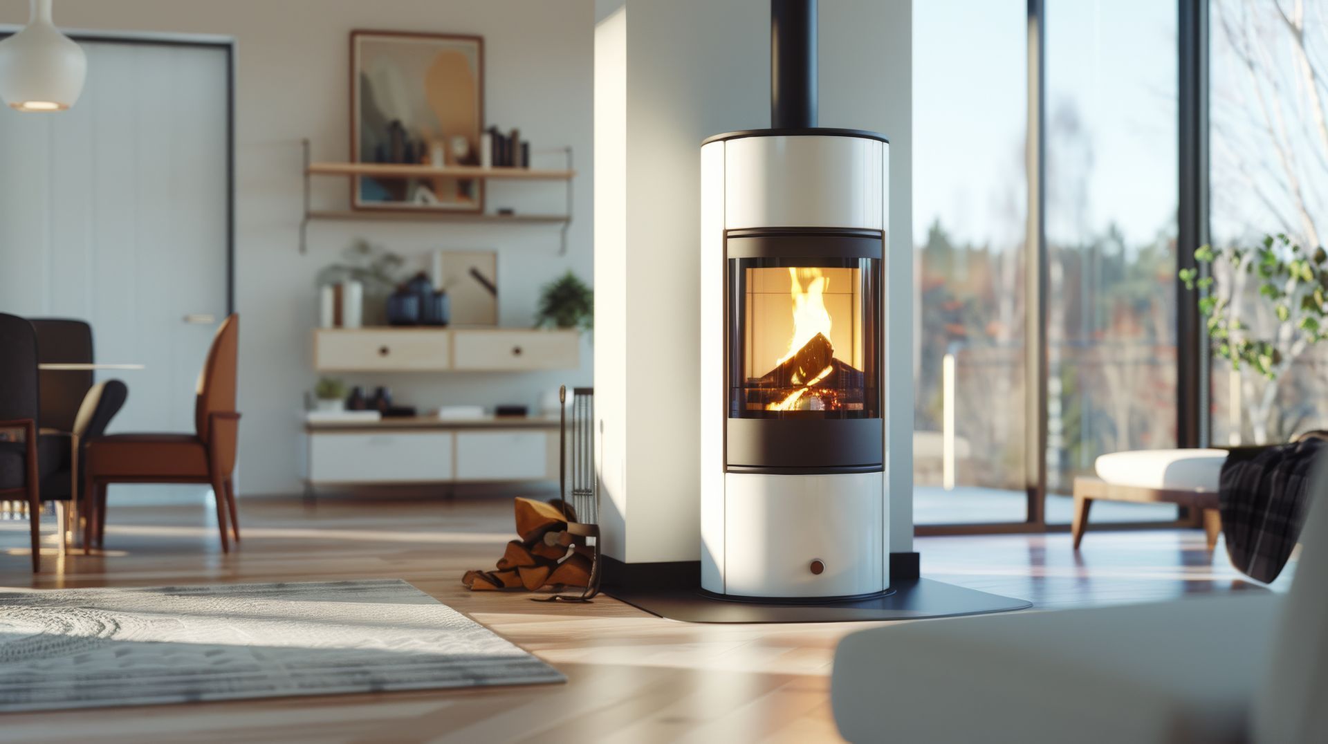 Poêle à bois blanc dans un salon moderne.