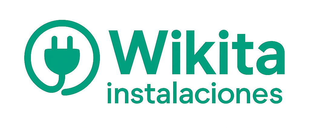 Logotipo para las instalaciones de Wikita. Enchufe eléctrico en un círculo, texto turquesa.