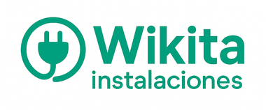 Logotipo para las instalaciones de Wikita. Enchufe eléctrico en un círculo, texto turquesa.