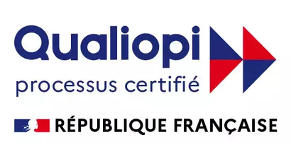 Logo Qualiopi « processus certifié » avec la mention « République Française » et un drapeau tricolore.