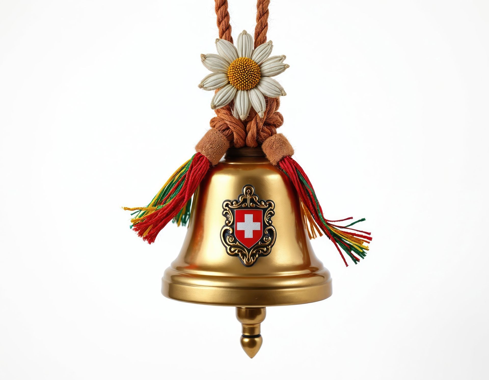 Cloche suisse dorée ornée d'un emblème, d'une marguerite, de pompons et d'une corde tressée.