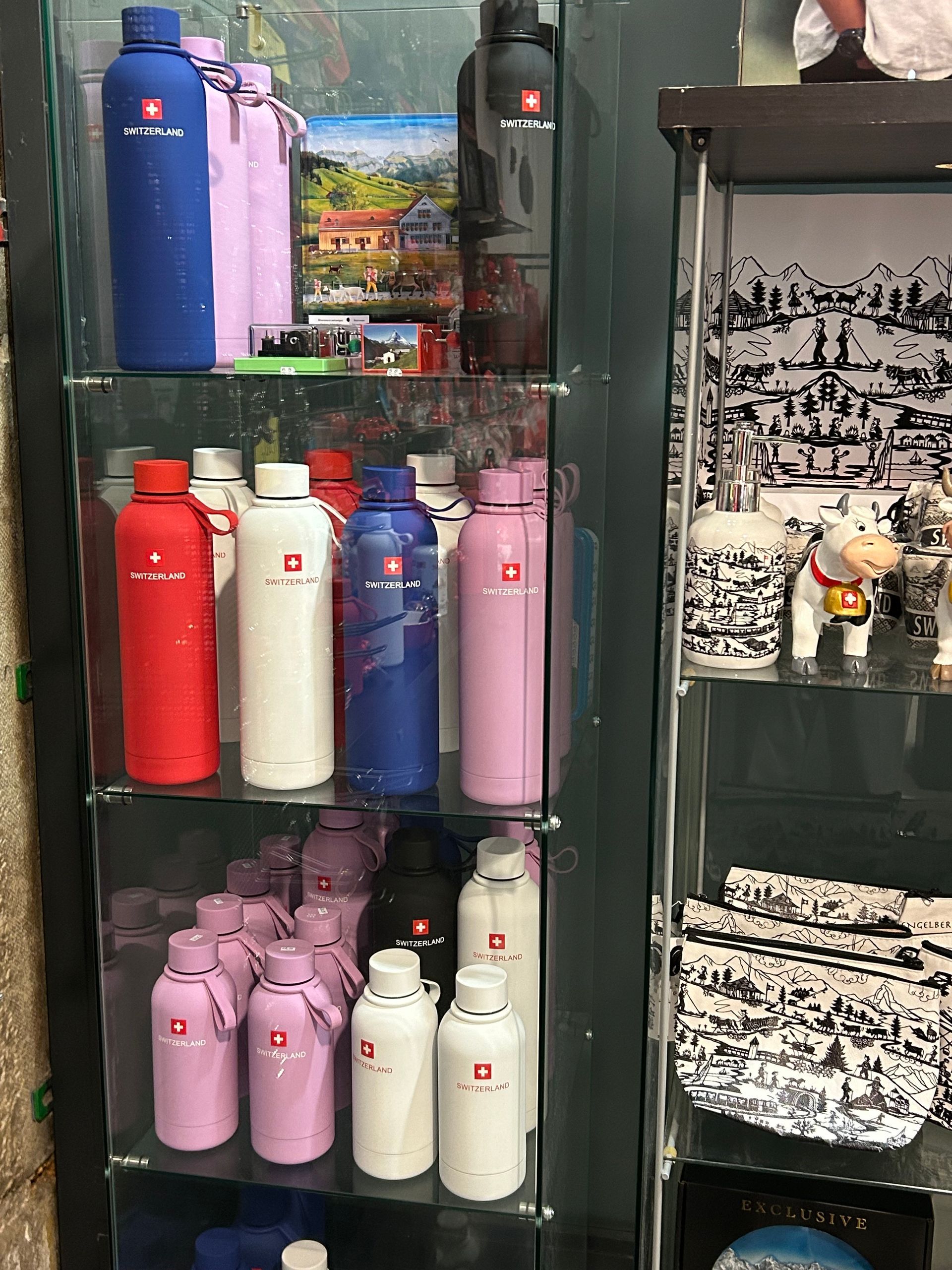 Vitrine présentant des rangées de bouteilles d'eau isothermes colorées.