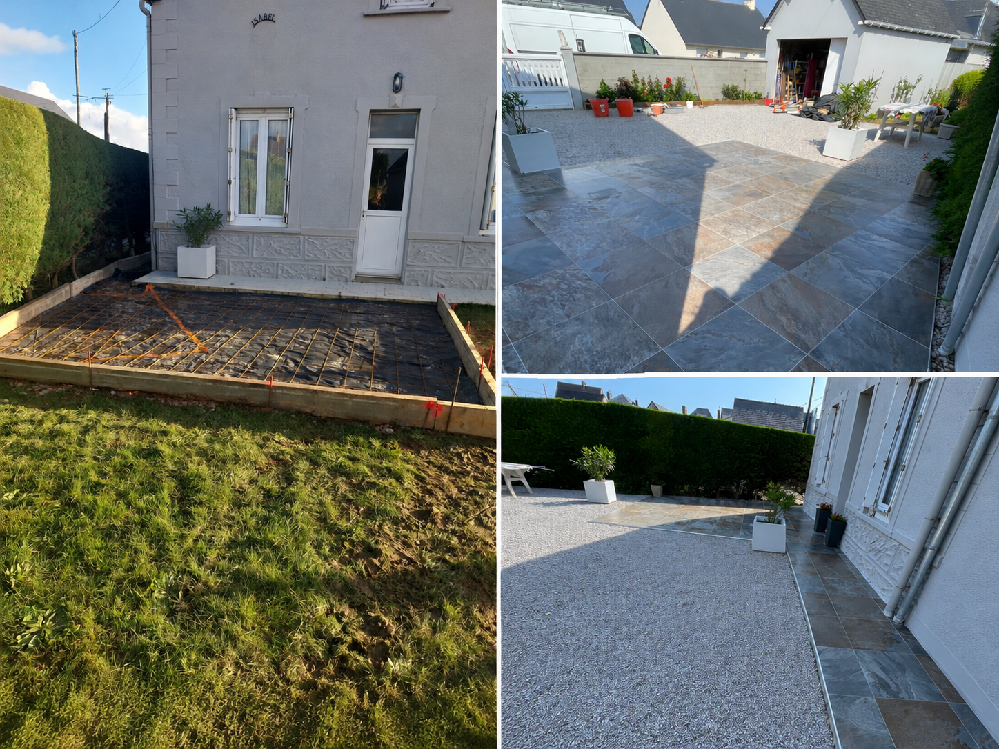 Rénovation de la cour arrière avec terrasse en gravier, parterre surélevé et pelouse à côté de la maison