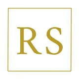 Letras doradas "RS" centradas dentro de un contorno cuadrado dorado sobre un fondo blanco.