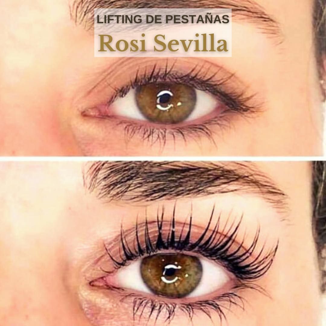 Comparación del antes y el después de un tratamiento de levantamiento de pestañas, mostrando pestañas naturales frente a pestañas levantadas, rizadas y teñidas.