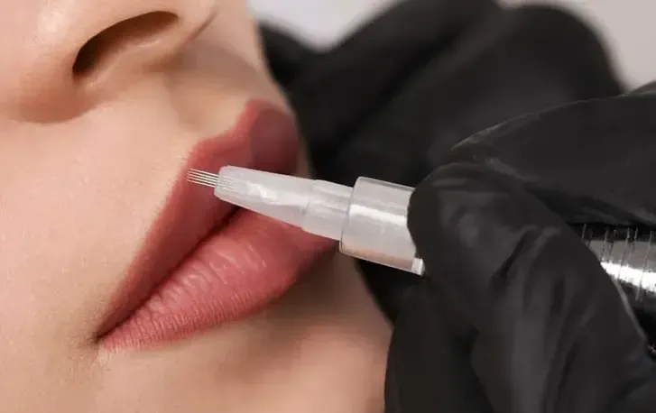 Una mano enguantada utiliza una herramienta de tatuaje cosmético para aplicar pigmento en los labios de una persona.