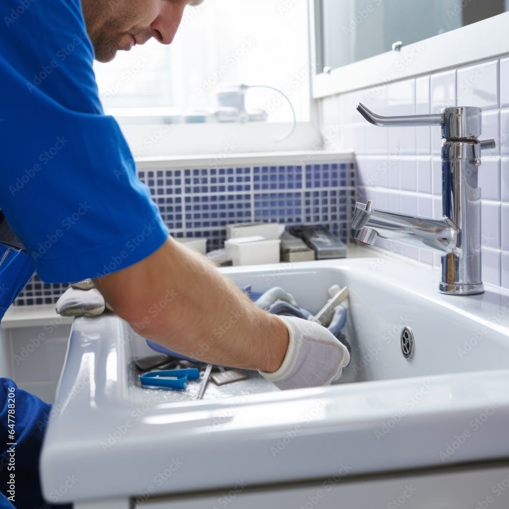 Arbeiter richtet ein Waschbecken ein