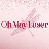 Un logotipo para oh may laser con una libélula sobre un fondo rosa.