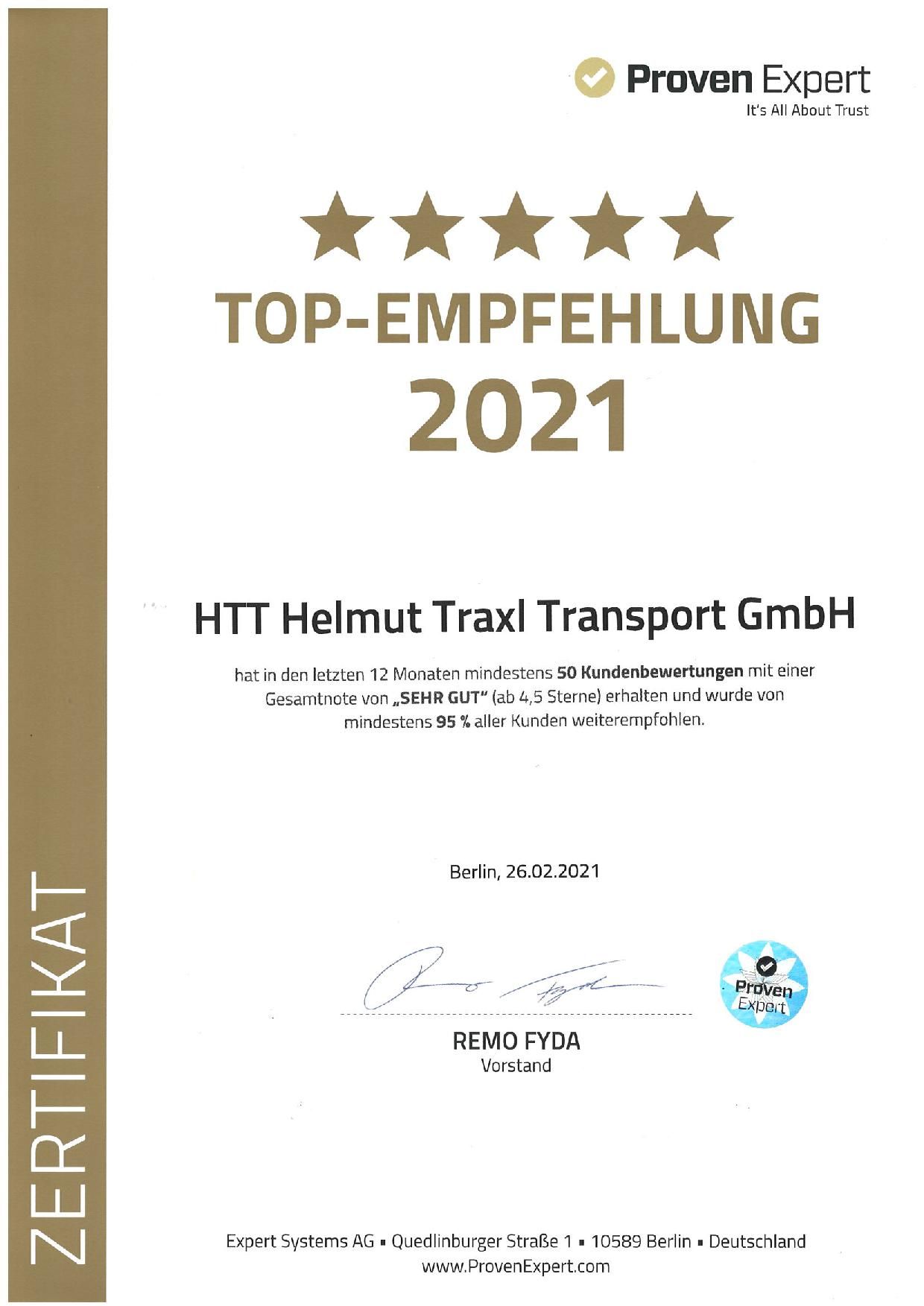 Zertifikat TOP-Empfehlung 2021