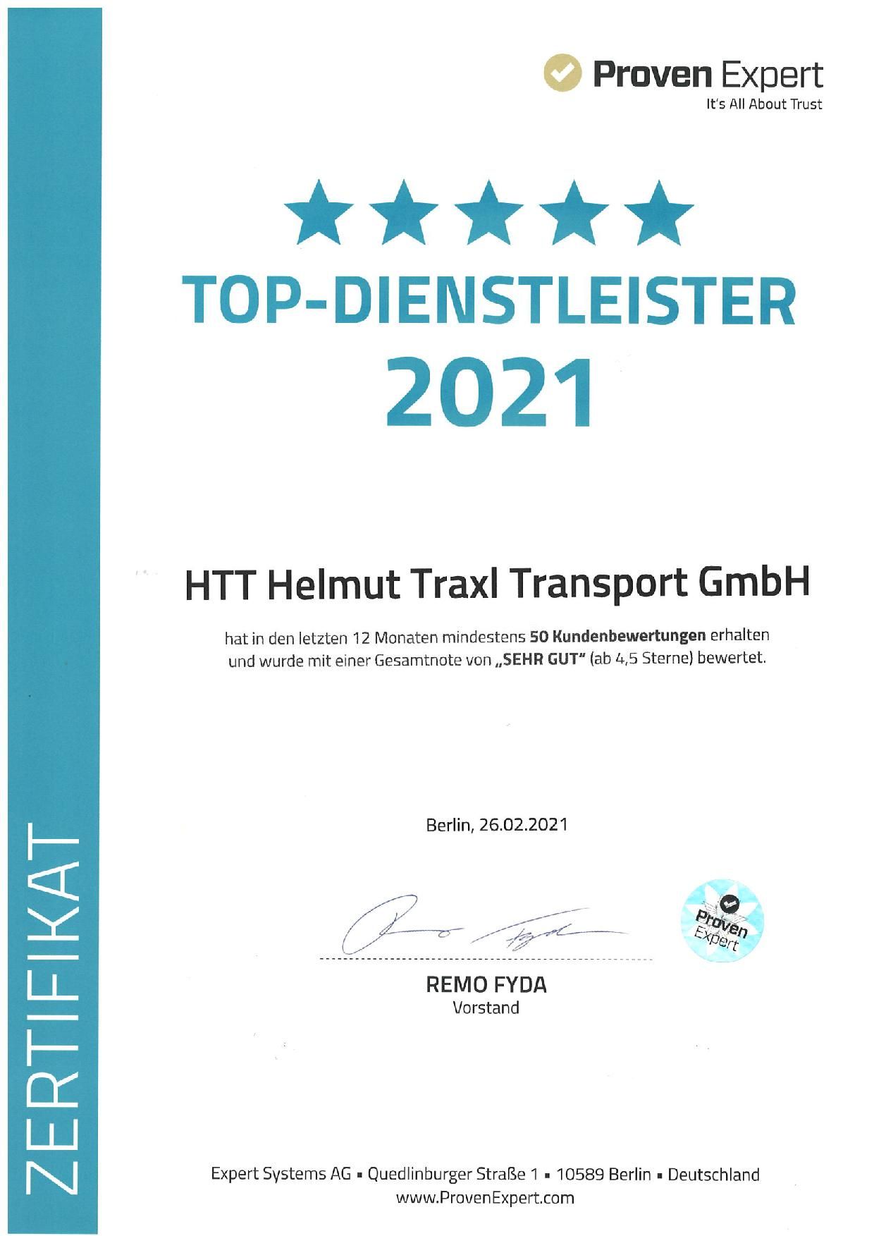 Zertifikat TOP-Dienstleister 2021