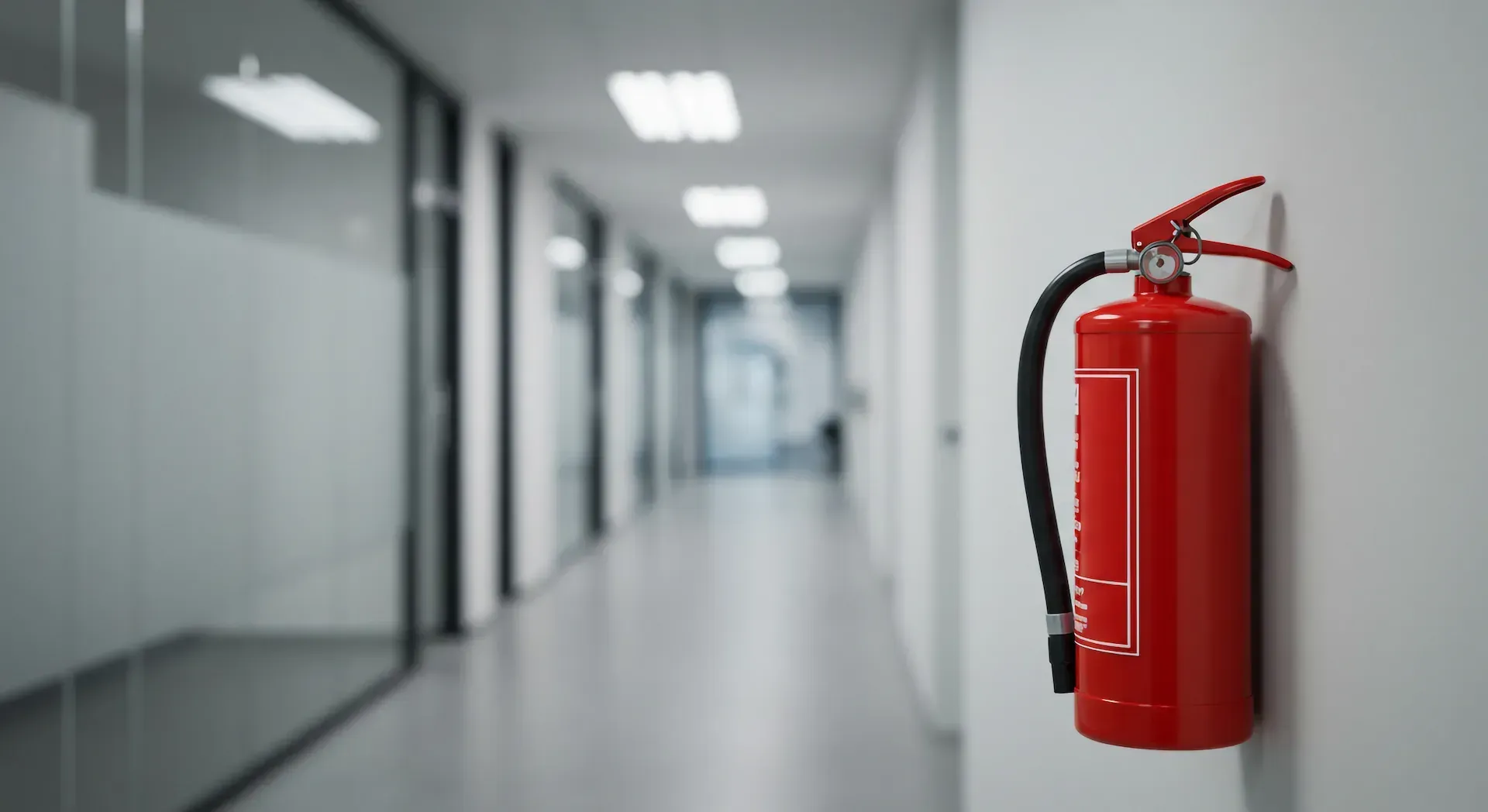 Extintor rojo en un pasillo, con una silla tapizada al fondo.
