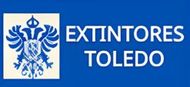 Logotipo para Extintores Toledo con escudo dentro de un rect&aacute;ngulo azul.