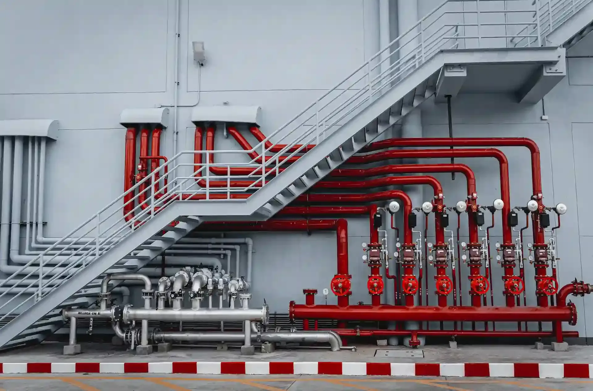 Vista exterior de un edificio con tuberías rojas y plateadas, escaleras y paredes grises.