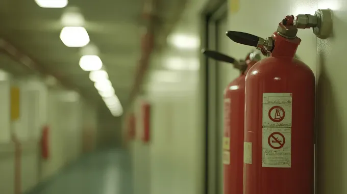 Extintores rojos montados en una pared en un pasillo largo y bien iluminado.