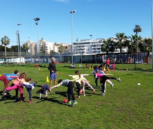 Un grupo de niños está haciendo ejercicios en un campo de hierba.