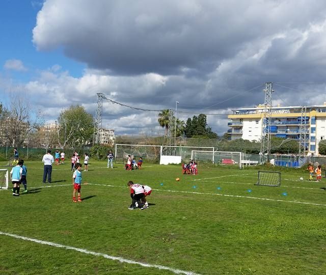 Un grupo de niños está jugando al fútbol en un campo.