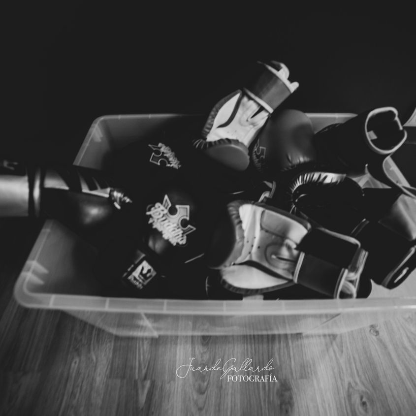 Una fotografía en blanco y negro de guantes de boxeo en un recipiente de plástico.