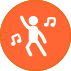 Una silueta de una persona bailando con notas musicales en un círculo naranja.