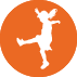 Una silueta de un niño parado sobre una pierna en un círculo naranja.