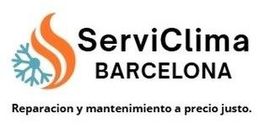 ServiClima Barcelona logo with orange flame, blue snowflake, and slogan &ldquo;Reparaci&oacute;n y mantenimiento a precio justo&rdquo;