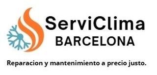 ServiClima Barcelona logo with orange flame, blue snowflake, and slogan &ldquo;Reparaci&oacute;n y mantenimiento a precio justo&rdquo;