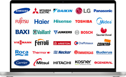 Cuadrícula de logotipos de climatización sobre un fondo blanco, incluyendo Samsung, Daikin, LG, Panasonic y Fujitsu.