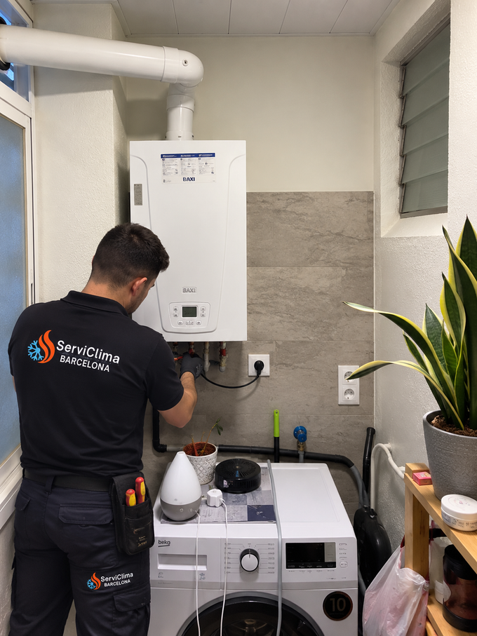 Técnico realizando el mantenimiento de una caldera blanca mural en un pequeño cuarto de servicio con fregadero y plantas.
