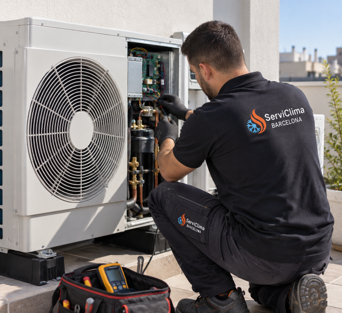 Técnico realizando el mantenimiento de una unidad exterior de climatización con herramientas en un entorno residencial.