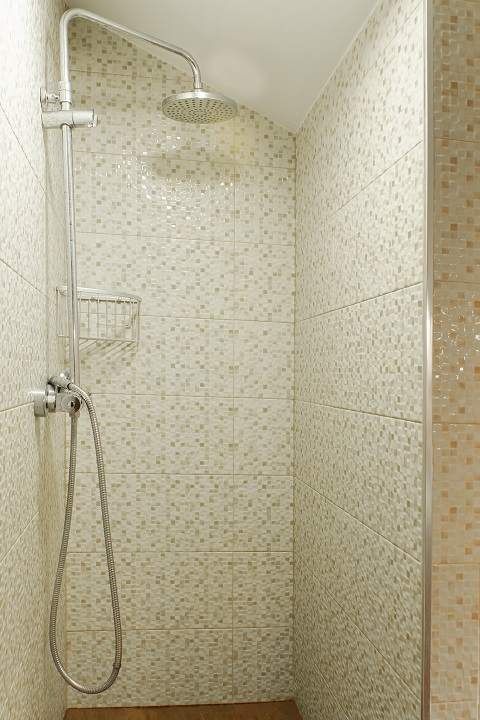 Una ducha con un cabezal de ducha y una manguera en un baño.