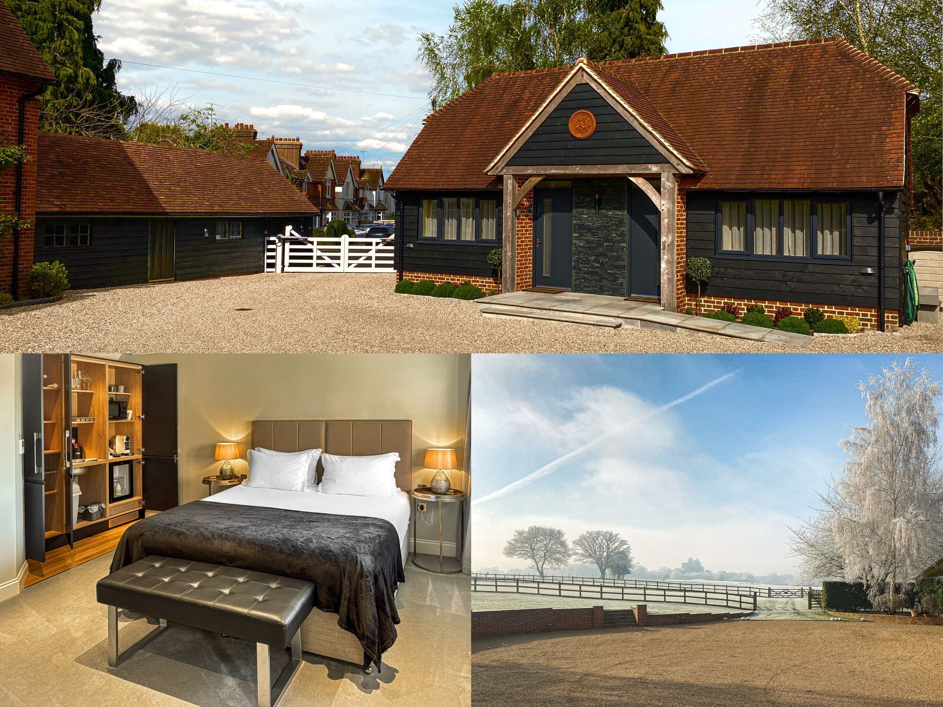 Collage image showing the setting of Hillside Farm Apartments together with the view over fields from the apartments