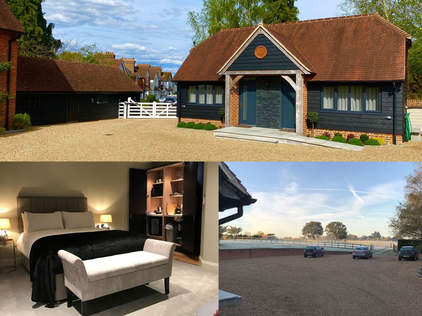 Collage image showing the setting of Hillside Farm Apartments together with the view over fields from the apartments