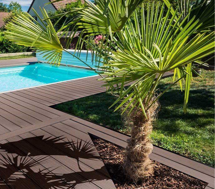 Vue sur la piscine avec palmier, terrasse en bois sombre et eau bleue, journée ensoleillée.