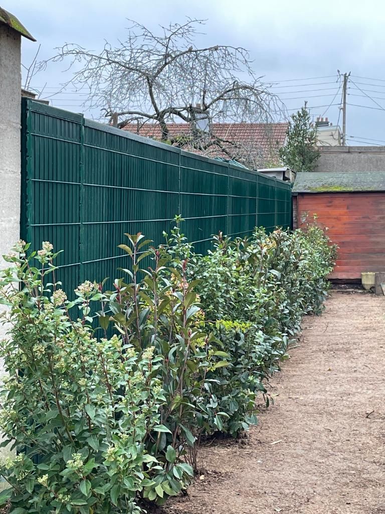 Une clôture verte et une rangée de buissons bordent un chemin de gravier brun. Un abri de jardin se trouve à droite.