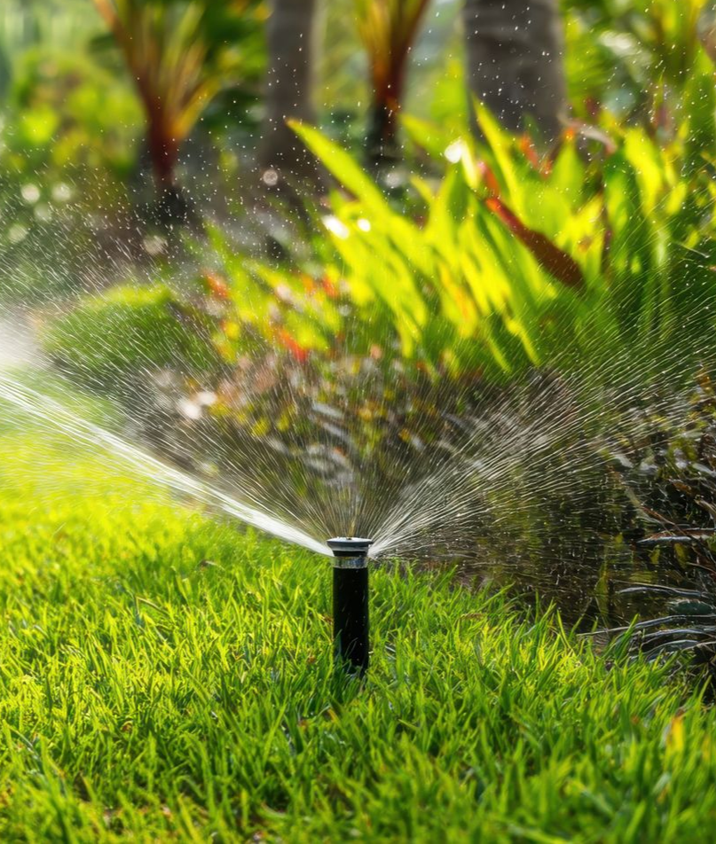 Un arroseur automatique alimente un jardin avec des plantes.
