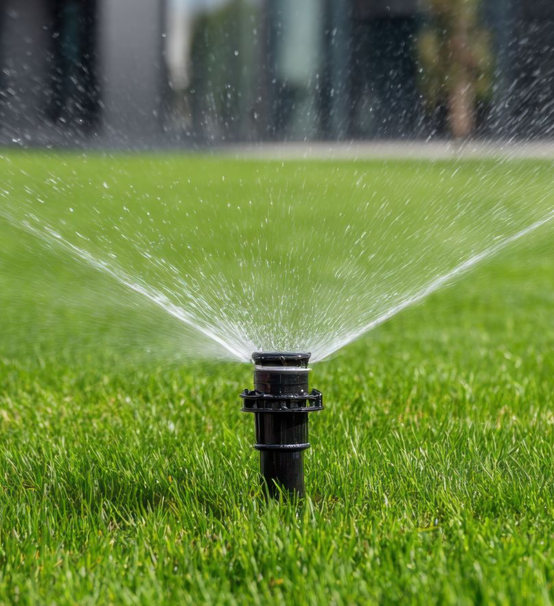 Arrosage automatique d'une pelouse verte, l'eau étant pulvérisée vers l'extérieur en journée.