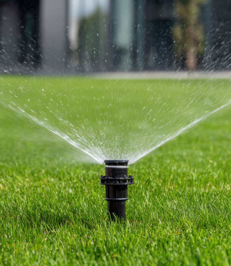 Des arroseurs automatiques arrosent la pelouse verte devant un bâtiment moderne.