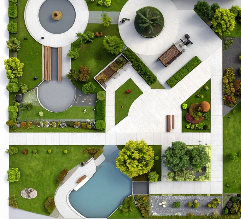 Vue aérienne d'un parc moderne avec des allées géométriques, des espaces de détente, des arbres, de la pelouse et un étang.