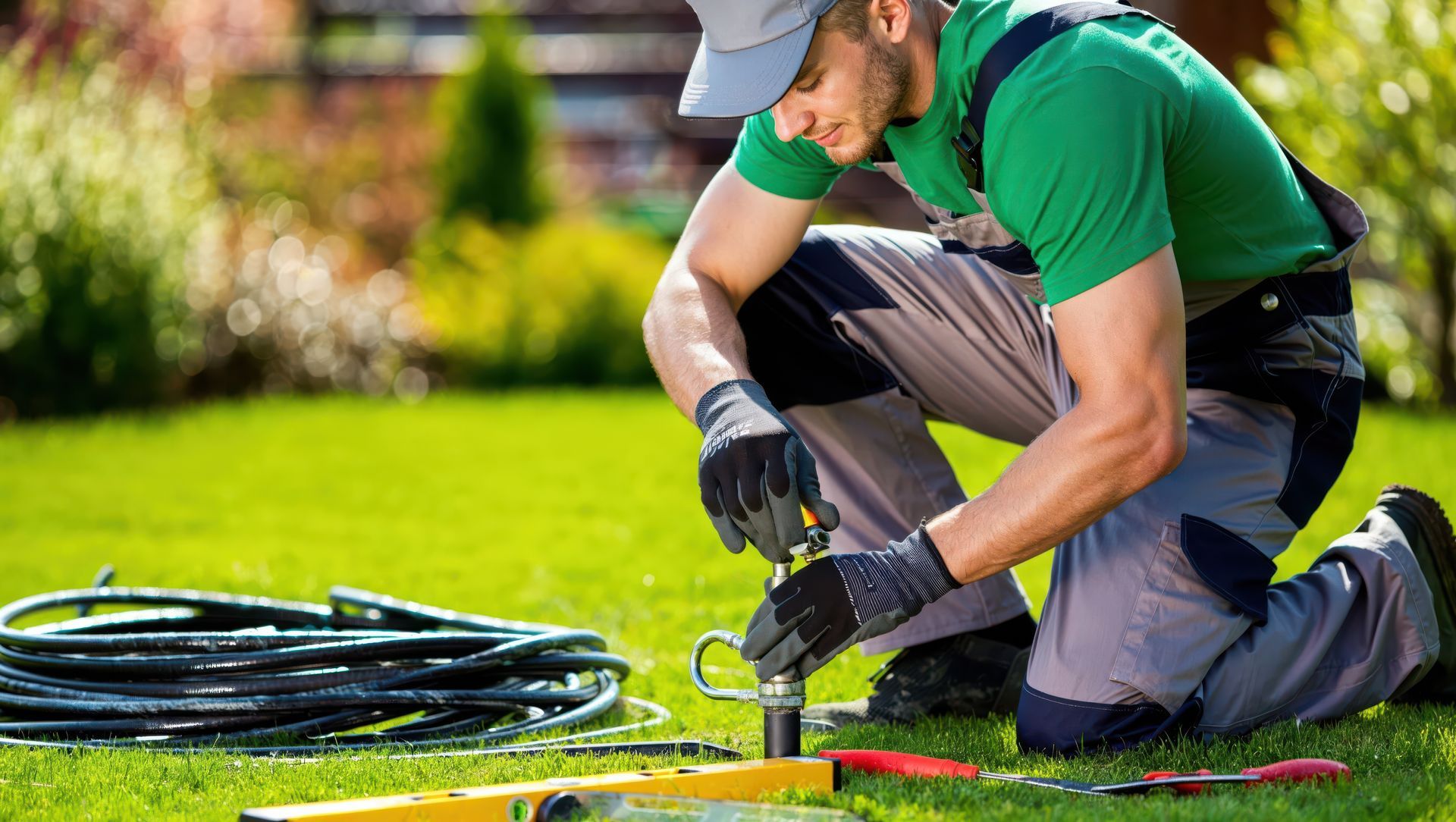Jardinier à genoux, travaillant sur le système d'arrosage automatique dans un jardin ensoleillé. Chemise verte, pantalon gris, gants.