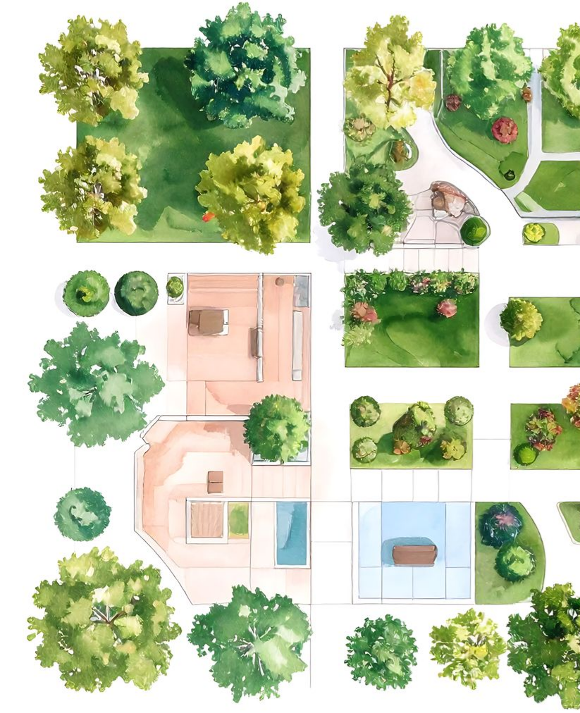 Vue aérienne de divers aménagements de jardins et de paysages mettant en valeur des arbres, de la verdure et des éléments architecturaux.