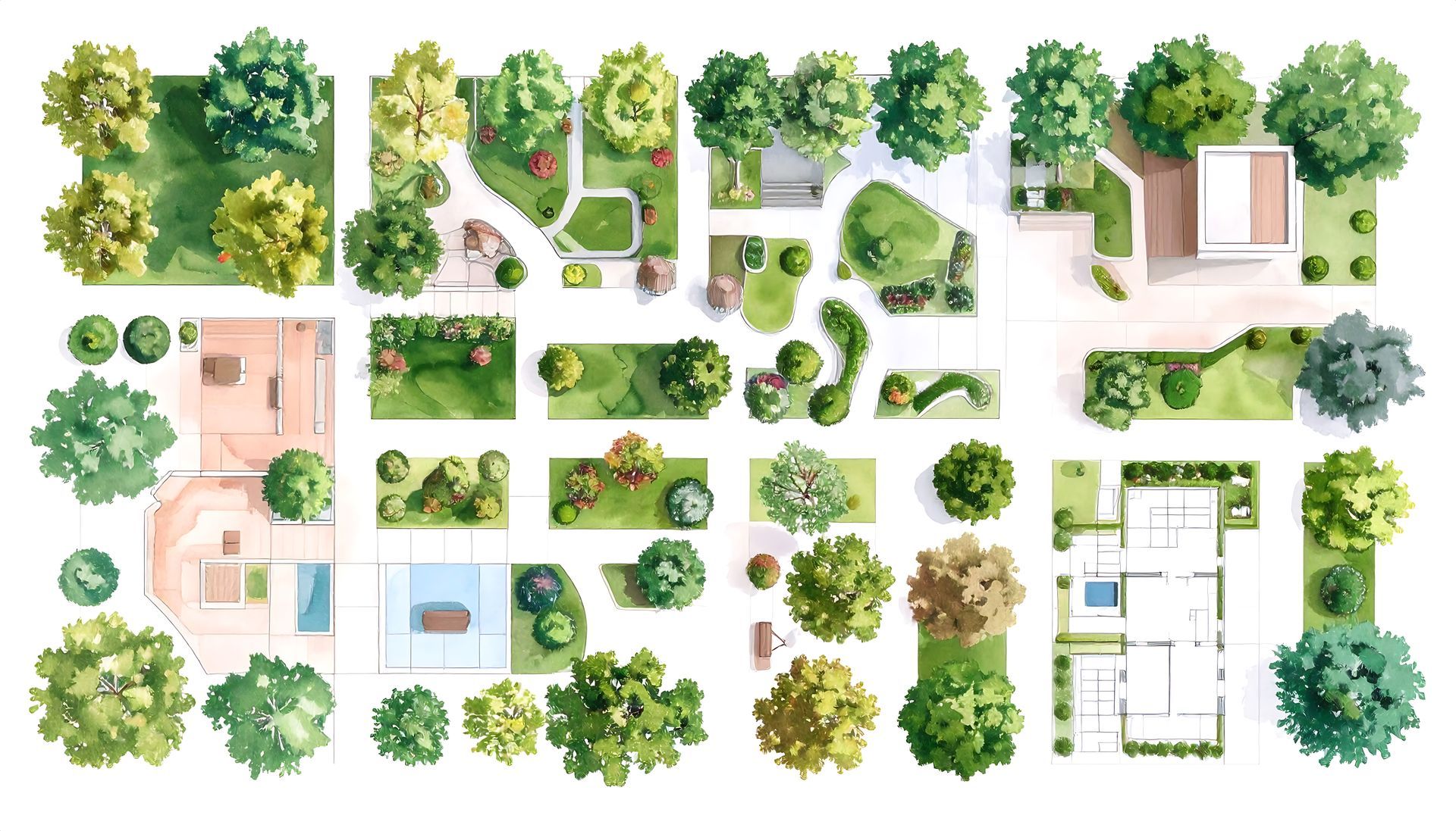 Vue aérienne de divers jardins paysagers avec arbres, pelouse et éléments architecturaux.