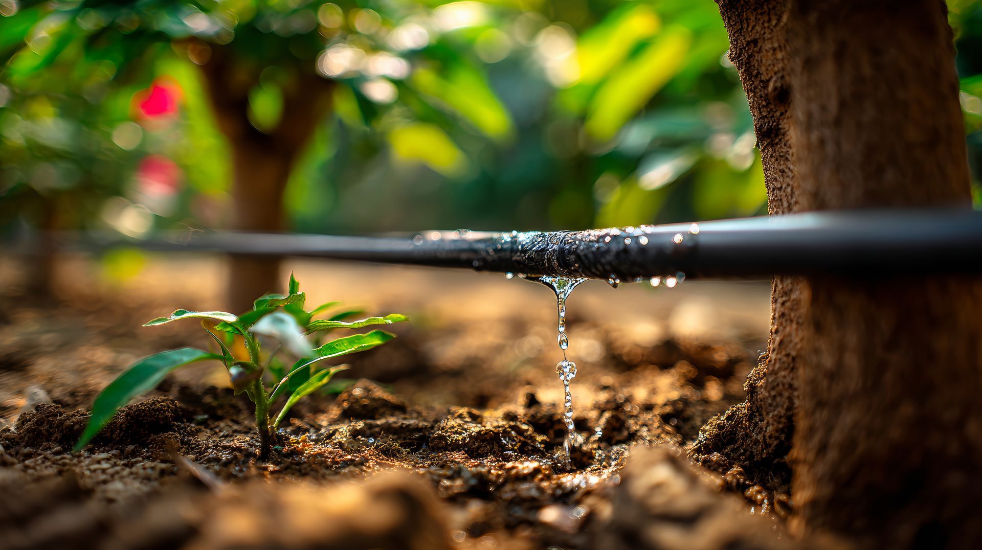 Ligne d'irrigation goutte à goutte arrosant une petite plante dans un jardin ; gouttelettes d'eau.