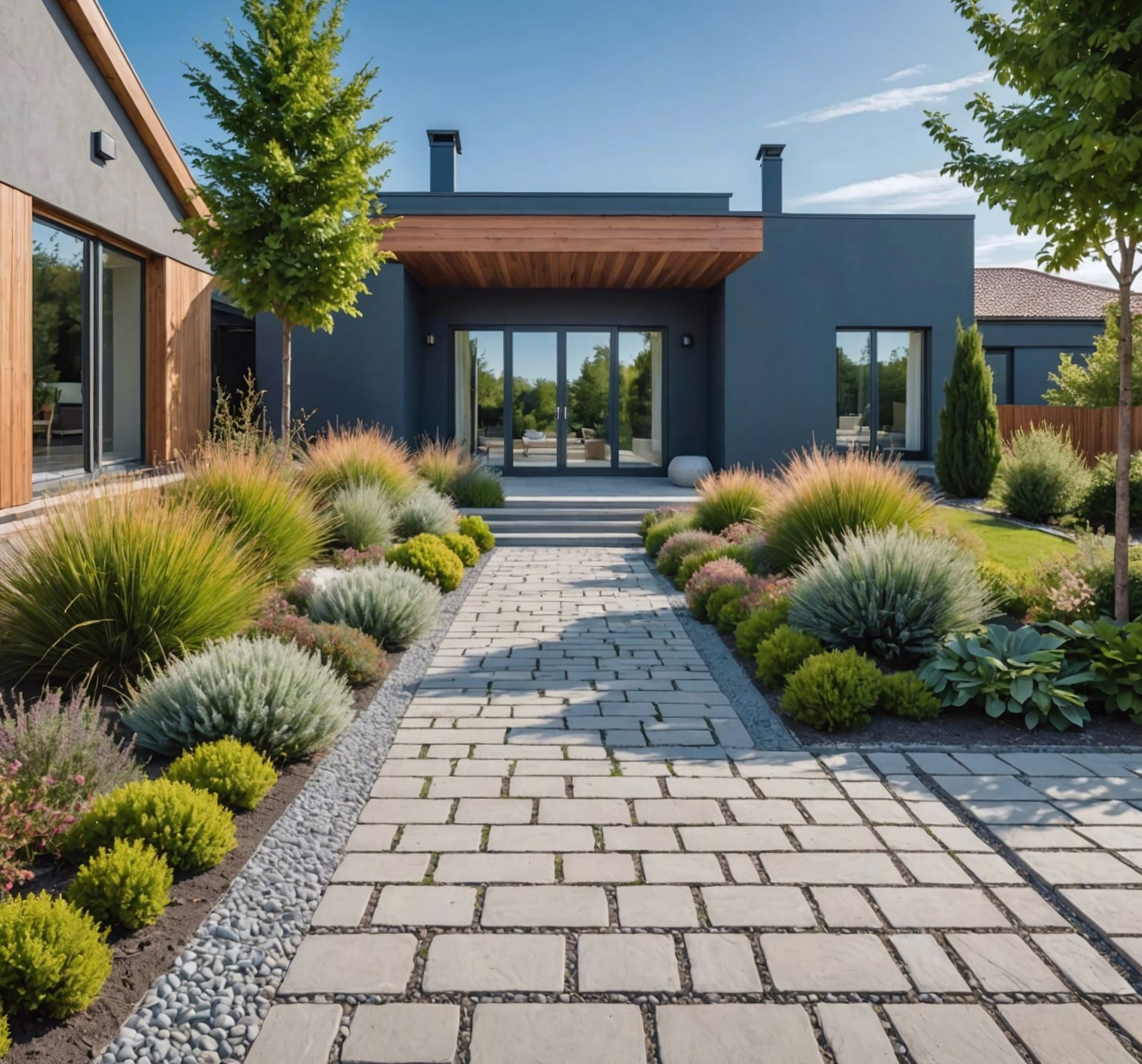 Un chemin de pierre mène à une maison grise moderne, entourée d'un jardin luxuriant et d'arbres sous un ciel bleu.