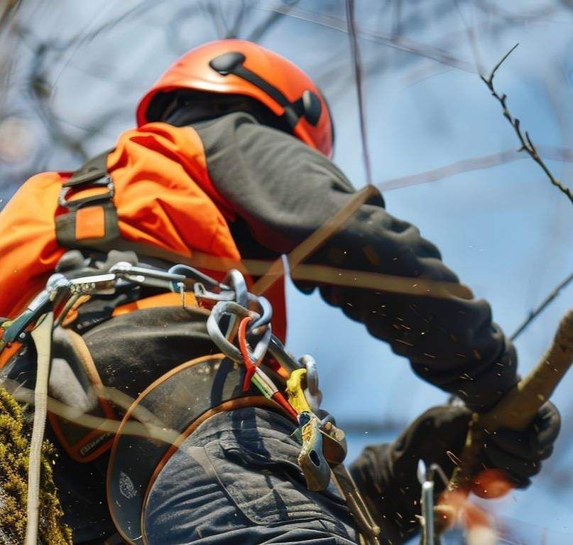 Paysagiste en tenue de sécurité orange, en train de couper une branche d'arbre.