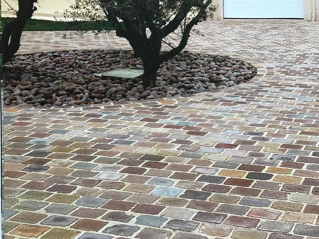 Allée pavée menant à un garage, avec un arbre au centre entouré de pierres sombres.