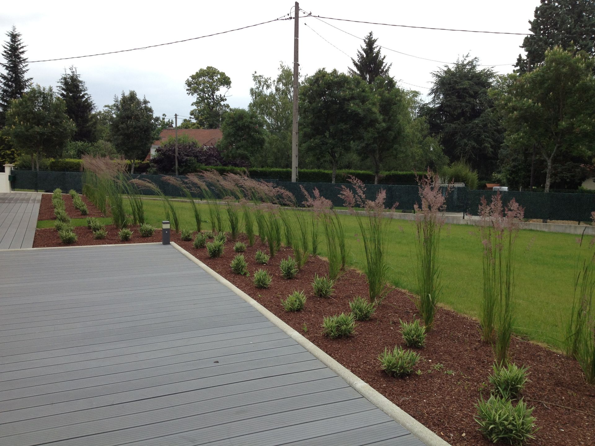 Terrasse en lames de bois, jeunes plantes et gazon tondu