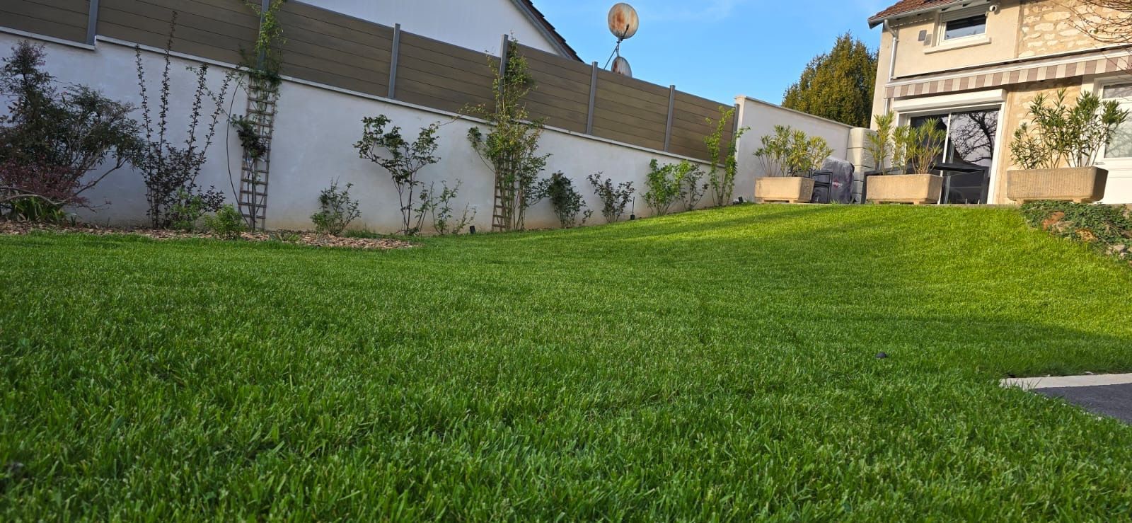 Une pelouse verte monte en pente douce vers un mur blanc surmonté d'une clôture en bois. Une maison se trouve sur la droite.