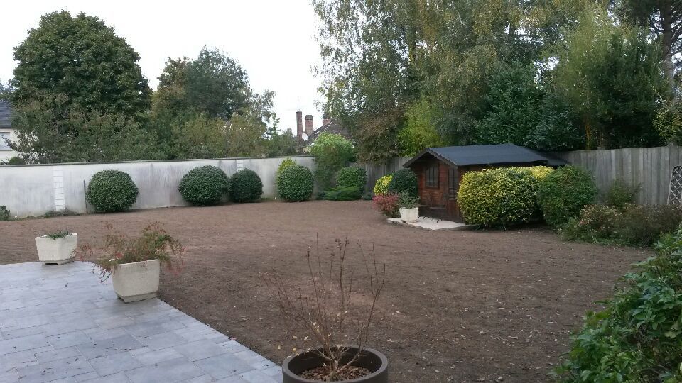 Jardin avec pelouse fraîchement semée, abri de jardin et divers arbustes verts le long des clôtures. Terrasse grise au premier plan.